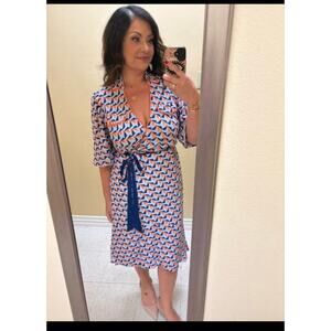 DIANE VON FURSTENBERG Blue Orange Geometric Print Deep Vneck Wrap Dress sz 10